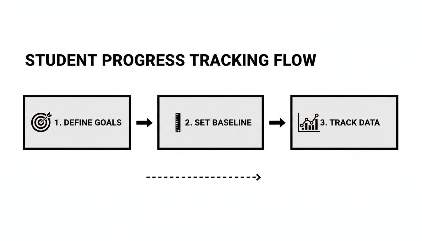 A flowchart outlining the 3-step student progress tracking flow: define goals, set baseline, and track data.