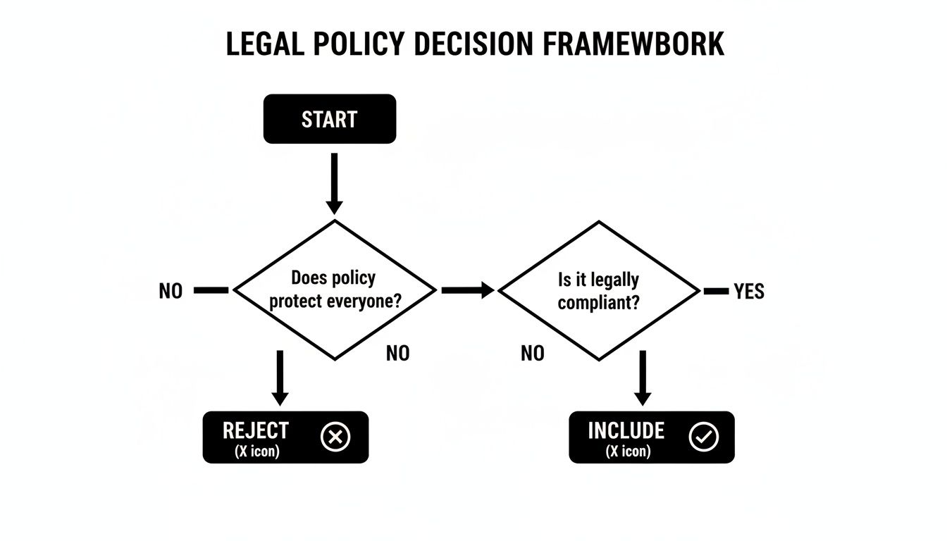 A flowchart illustrating a legal policy decision framework, evaluating policy protection and legal compliance.