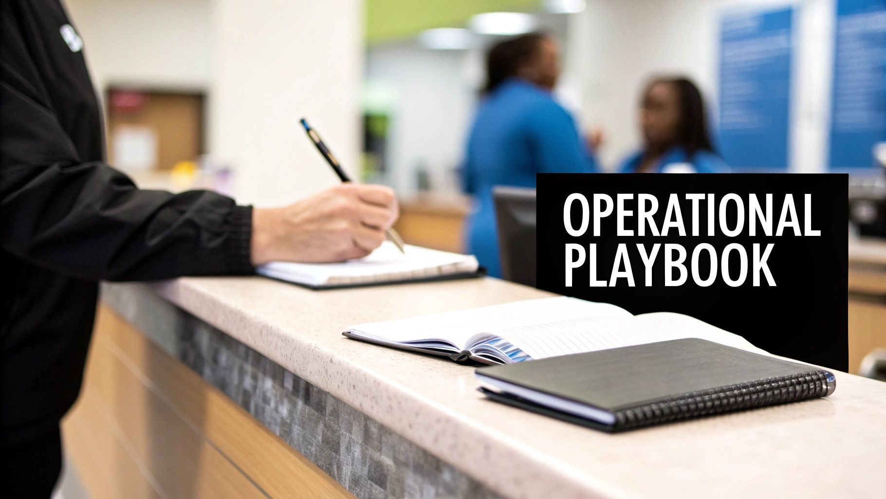 A hand writes in a notebook on a counter next to an "OPERATIONAL PLAYBOOK" sign.