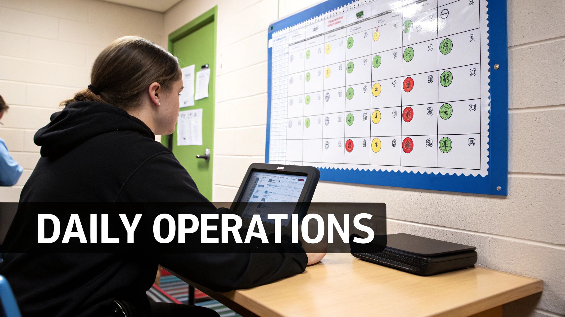 A young person in a black hoodie uses a tablet in a room with a colorful operations board.