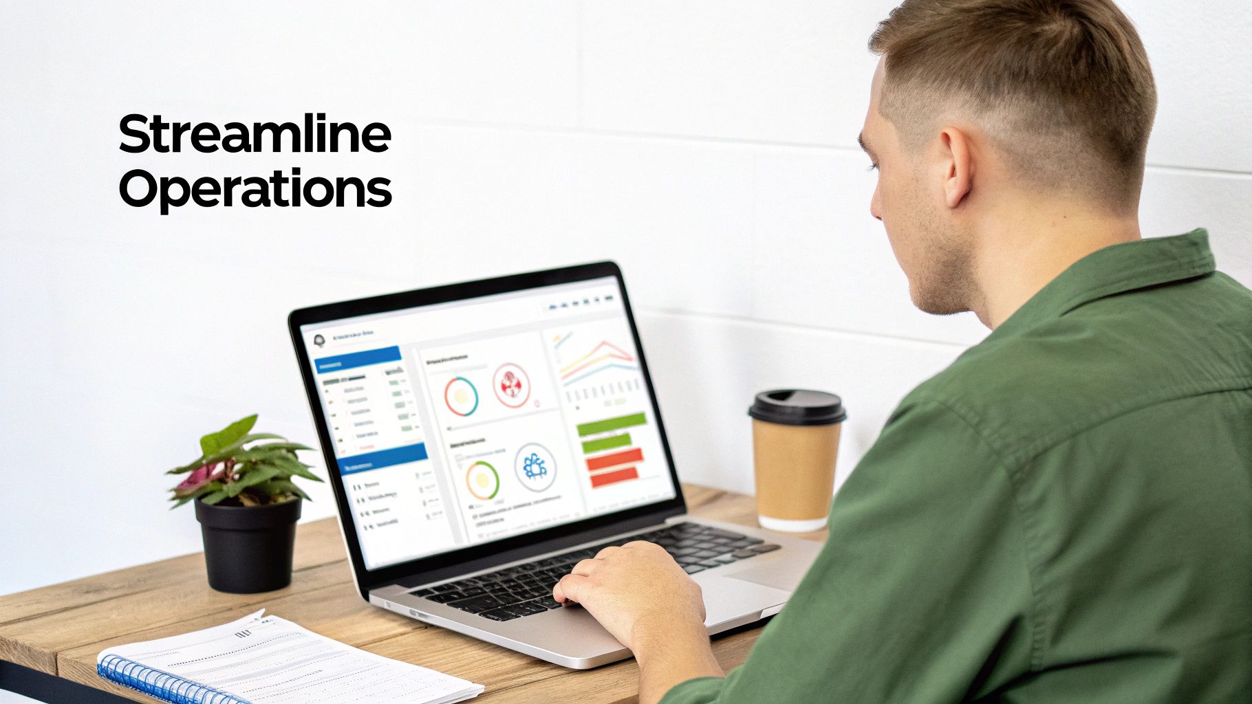 Person using a laptop displaying data dashboards to streamline business operations.