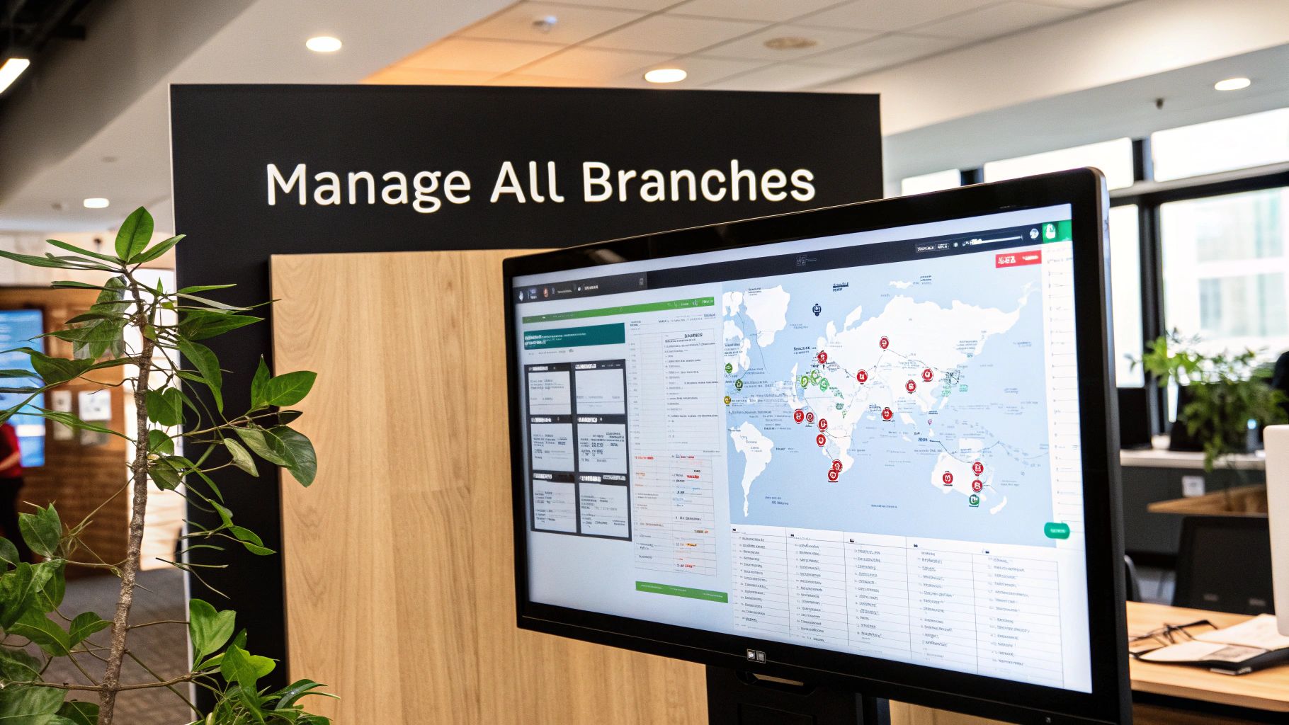 A computer screen displays a global branch management software dashboard next to an office sign and a green plant.