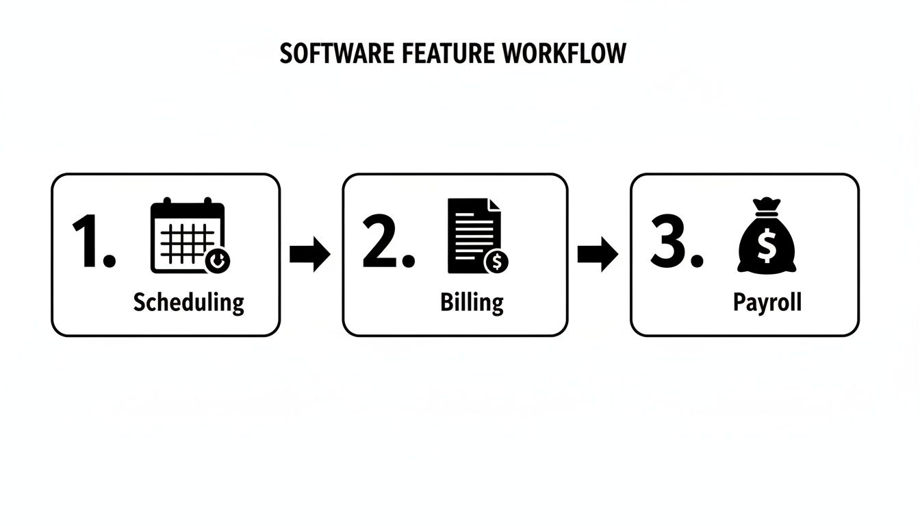 A software feature workflow diagram illustrating steps for Scheduling, Billing, and Payroll processes.