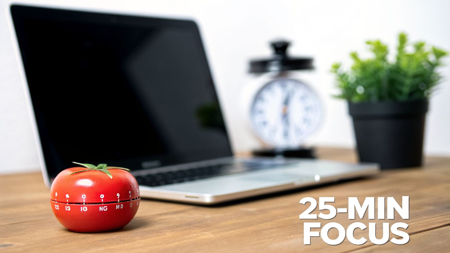 A red tomato-shaped timer on a wooden desk with a laptop, blurry clock, and plant, promoting 25-minute focus.