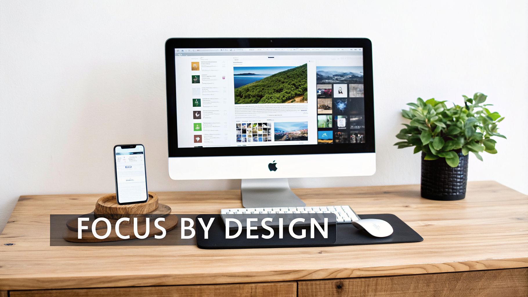 A neat wooden desk with an iMac displaying a website, an iPhone, keyboard, mouse, and a green plant.