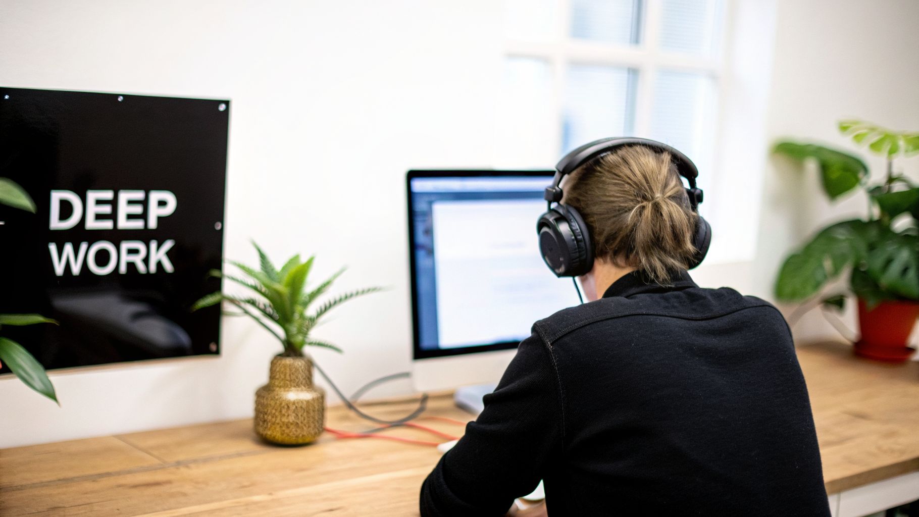 A person with headphones works on a computer at a wooden desk, enhancing focus for deep work.