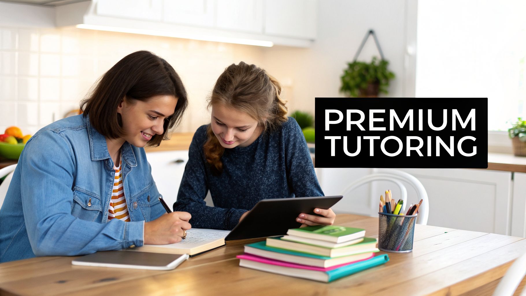 Two young females, a tutor and a student, smiling while studying together at a wooden table in a home, with 'Premium Tutoring' text.
