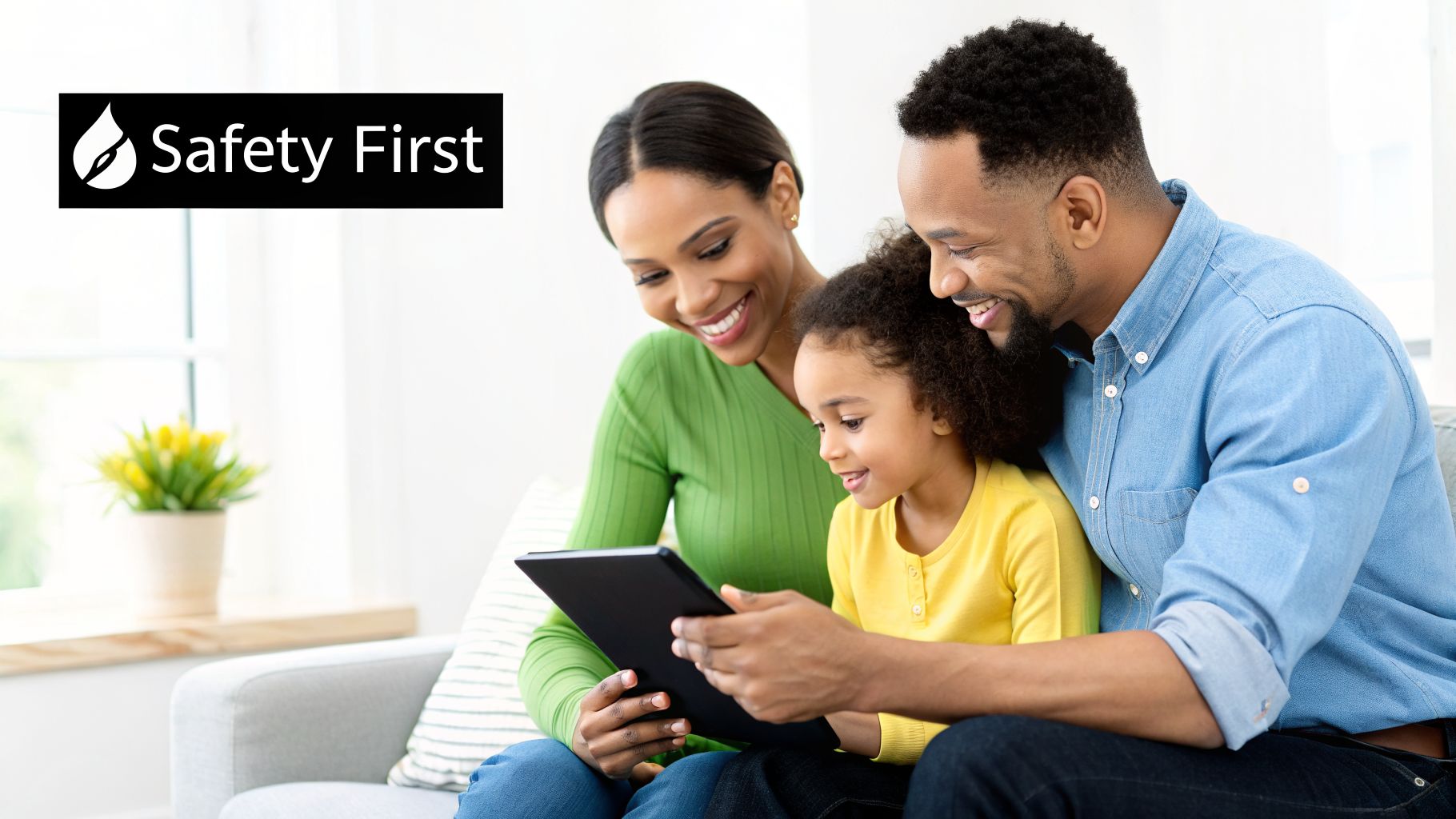 Smiling Black family with child happily looking at a digital tablet at home, 'Safety First' banner.