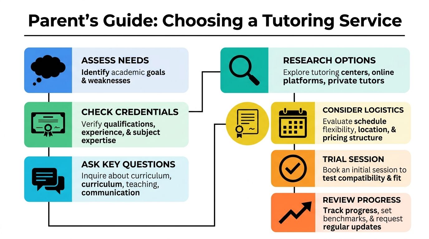 A step-by-step infographic titled Parent's Guide for choosing the best tutoring services for children.
