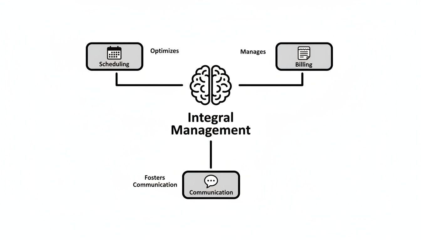 Diagram showing Integral Management linking scheduling, billing, and communication functions.