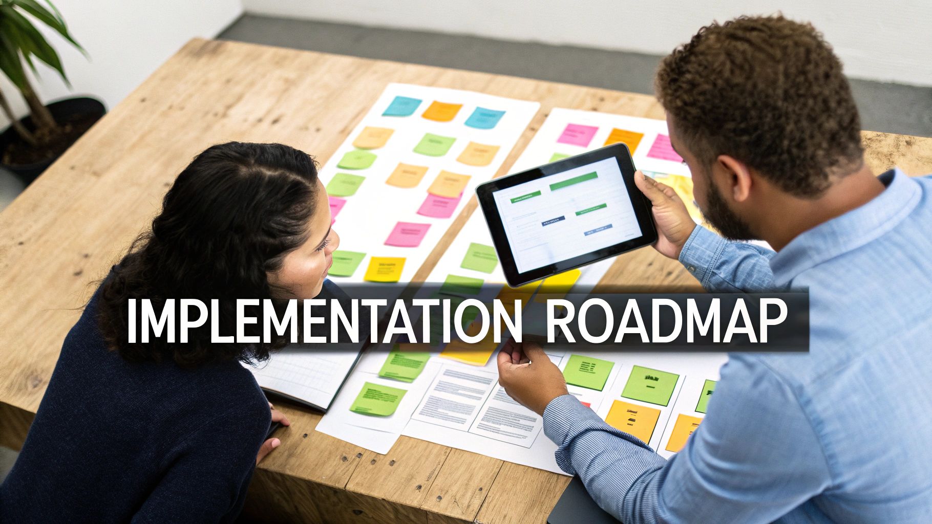 Two colleagues discuss an implementation roadmap with sticky notes and a digital tablet.