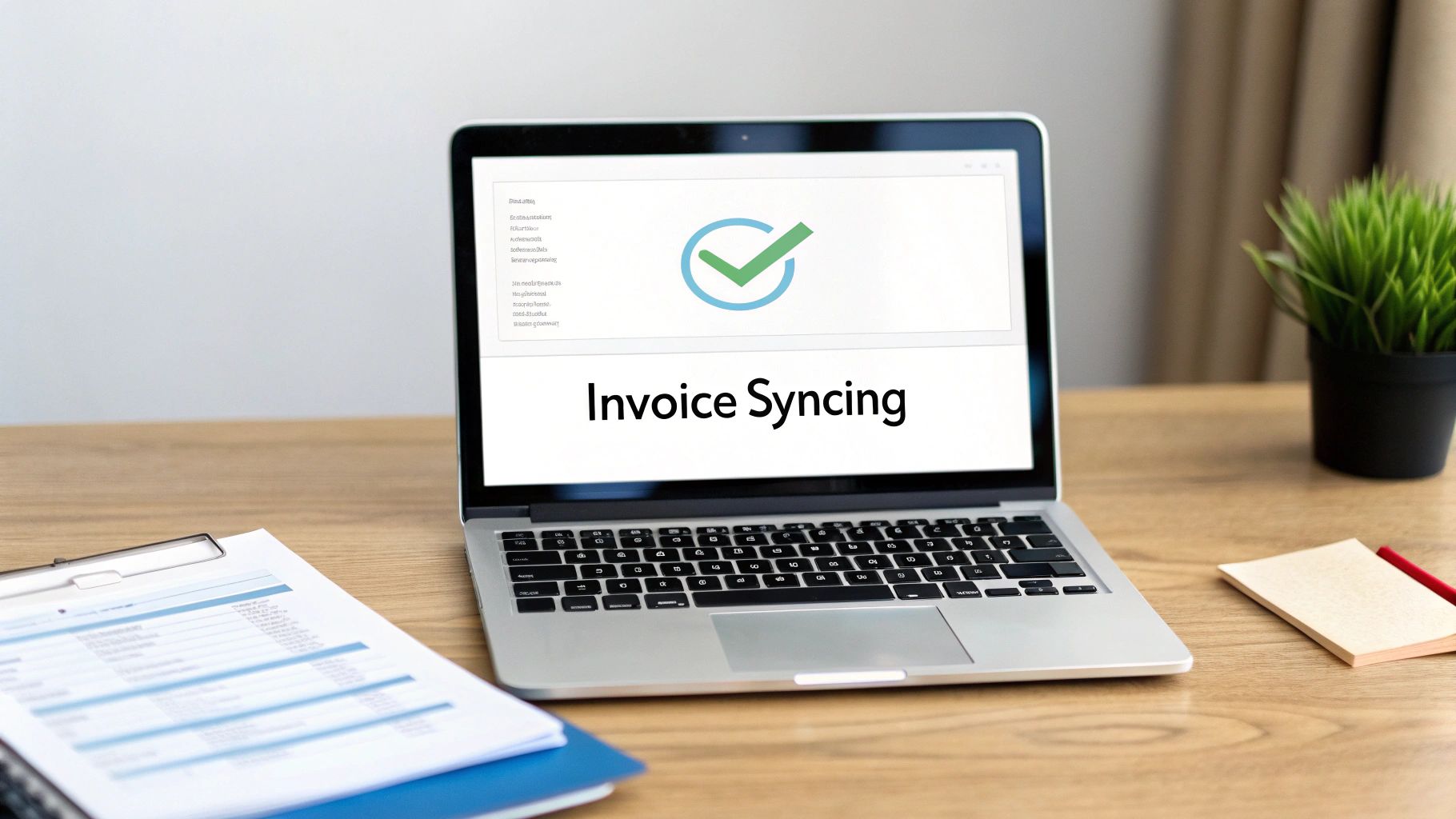A laptop screen displays 'Invoice Syncing' with a checkmark, on a wooden desk with a plant.