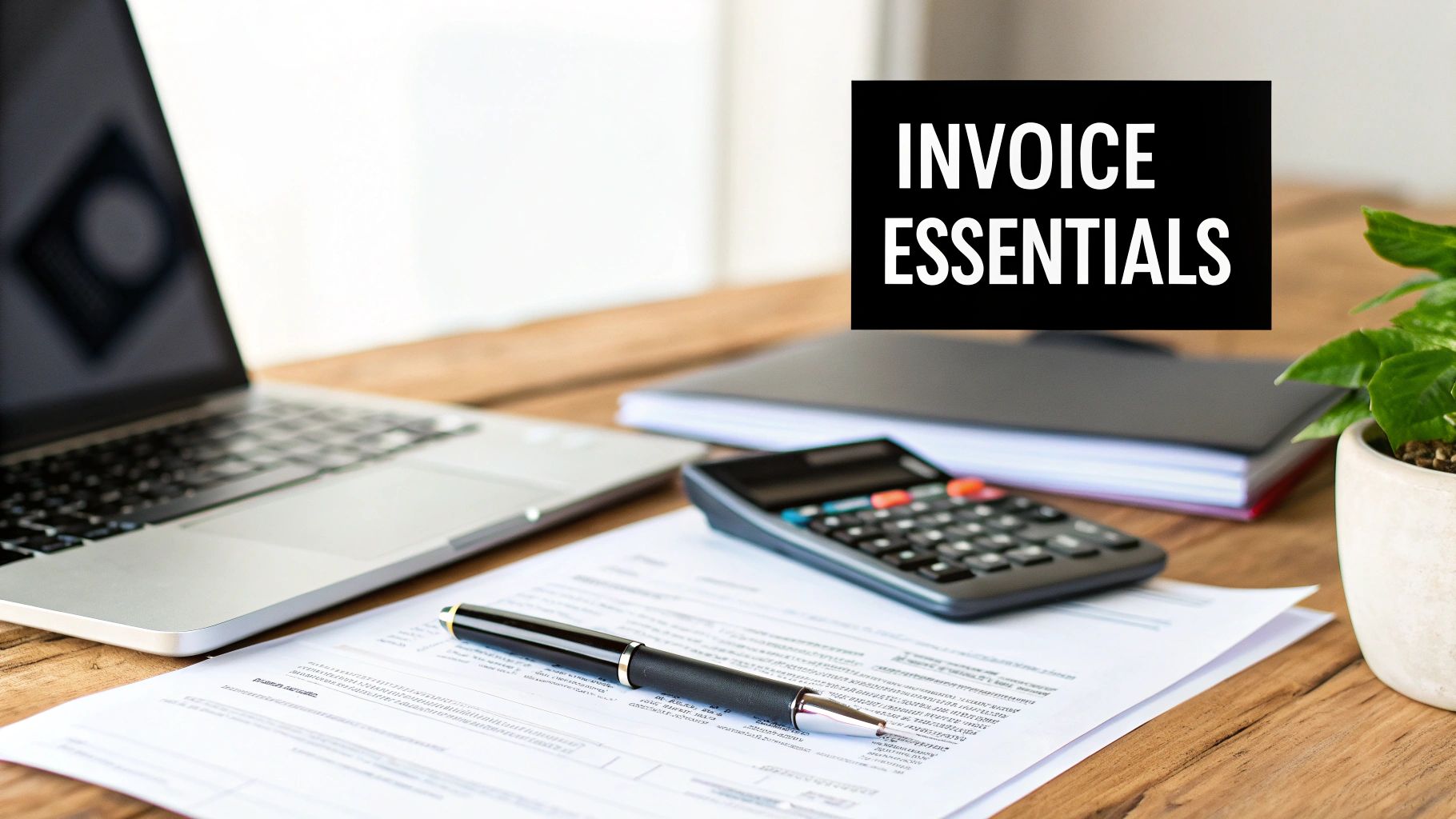 Workspace with a laptop, calculator, documents, and a pen, featuring 'INVOICE ESSENTIALS' text.