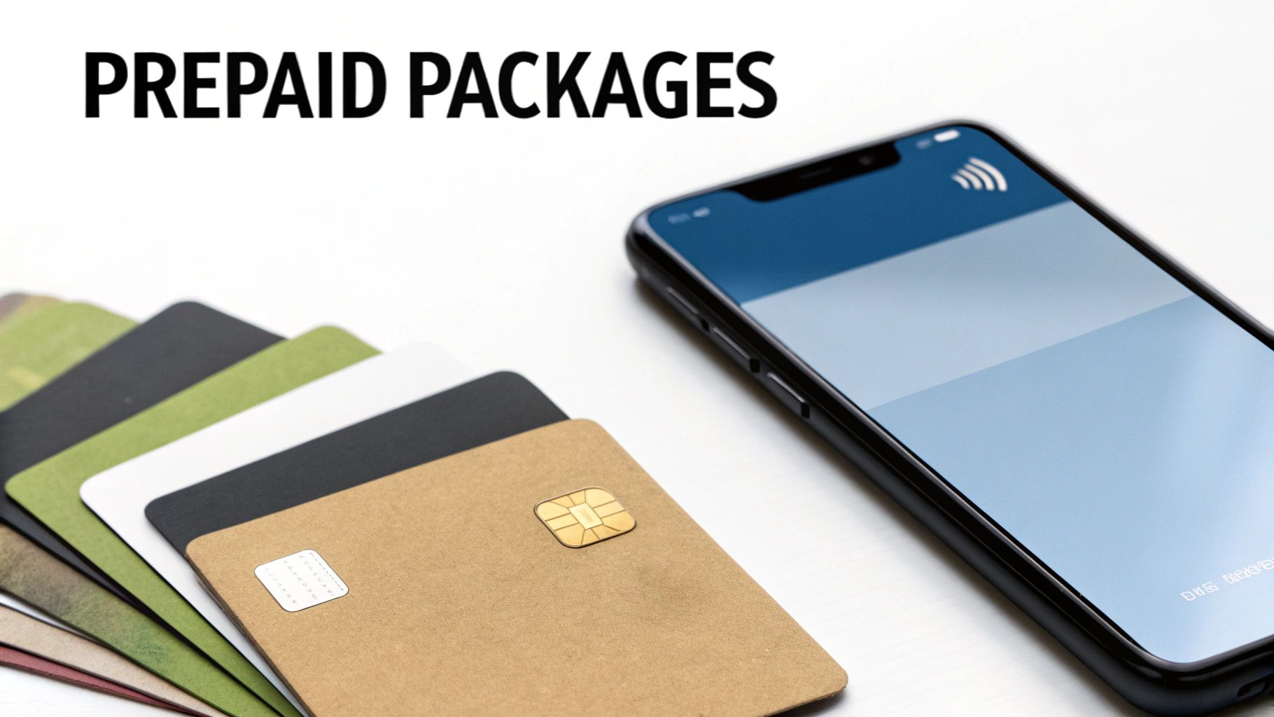 Prepaid packages banner with various colored payment cards and a smartphone displaying a contactless payment icon.