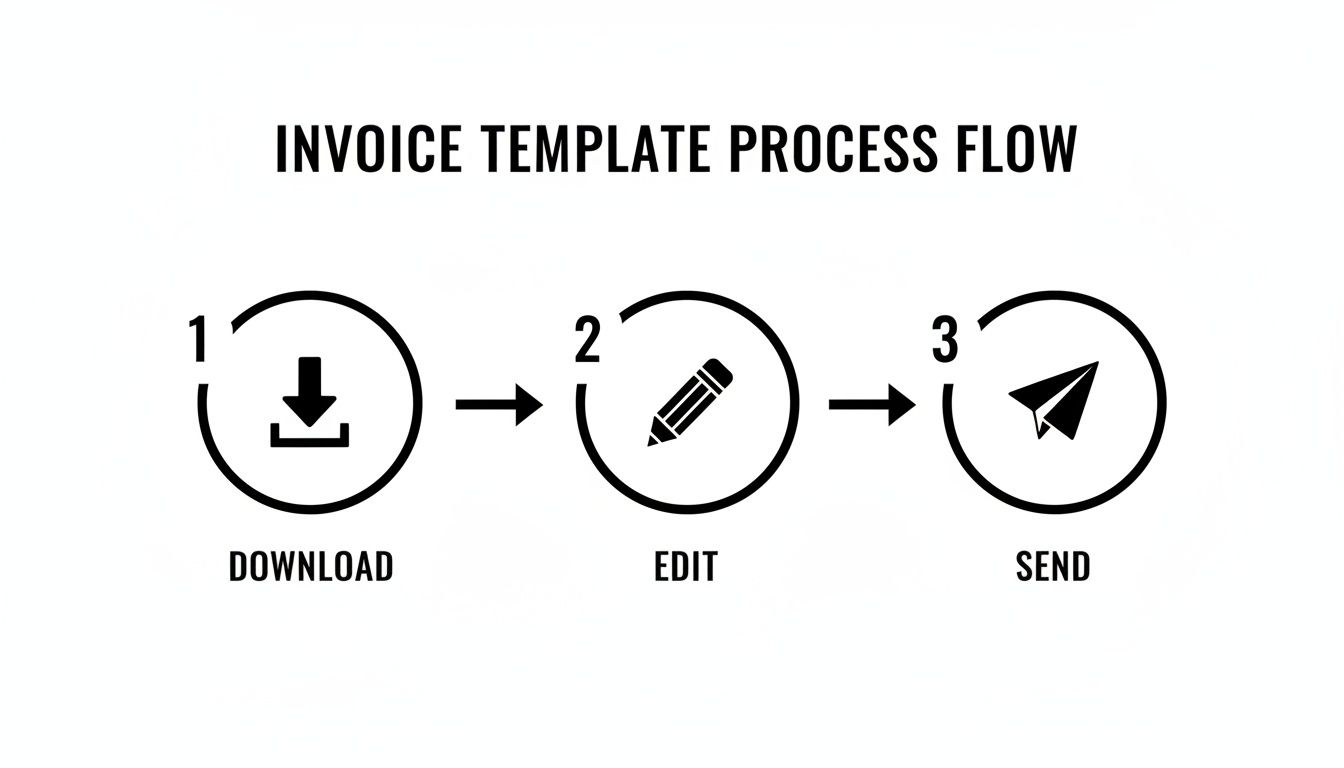 A black and white infographic illustrating a three-step invoice template process flow: download, edit, and send.