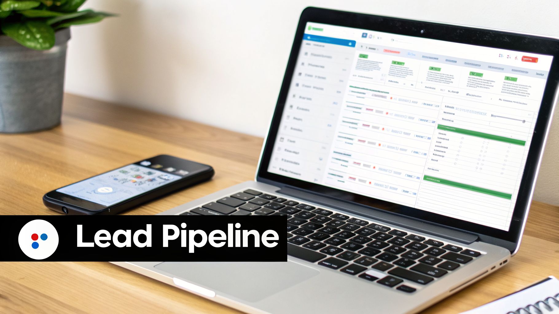 A desk with a laptop displaying a lead pipeline dashboard, a smartphone, and a potted plant.