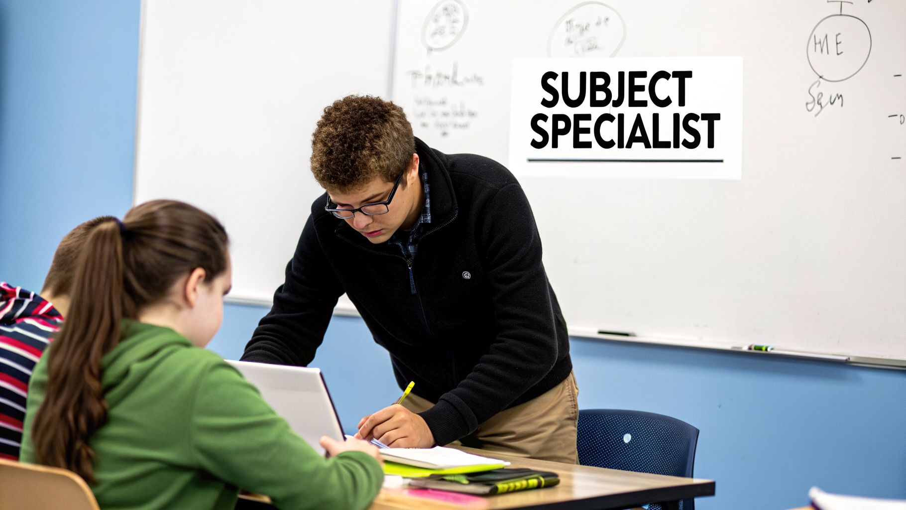 A male tutor in glasses helps a female student with a laptop in a classroom.