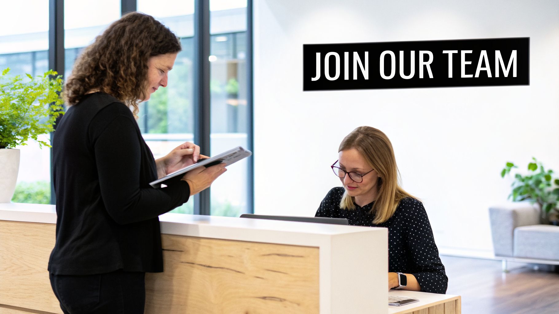 Two women in a modern office, one using a tablet and the other working at a reception desk, with a 'JOIN OUR TEAM' sign on the wall.