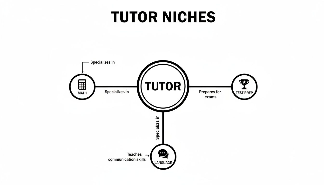A conceptual diagram illustrating various tutor specializations, including math, test preparation, and language skills.