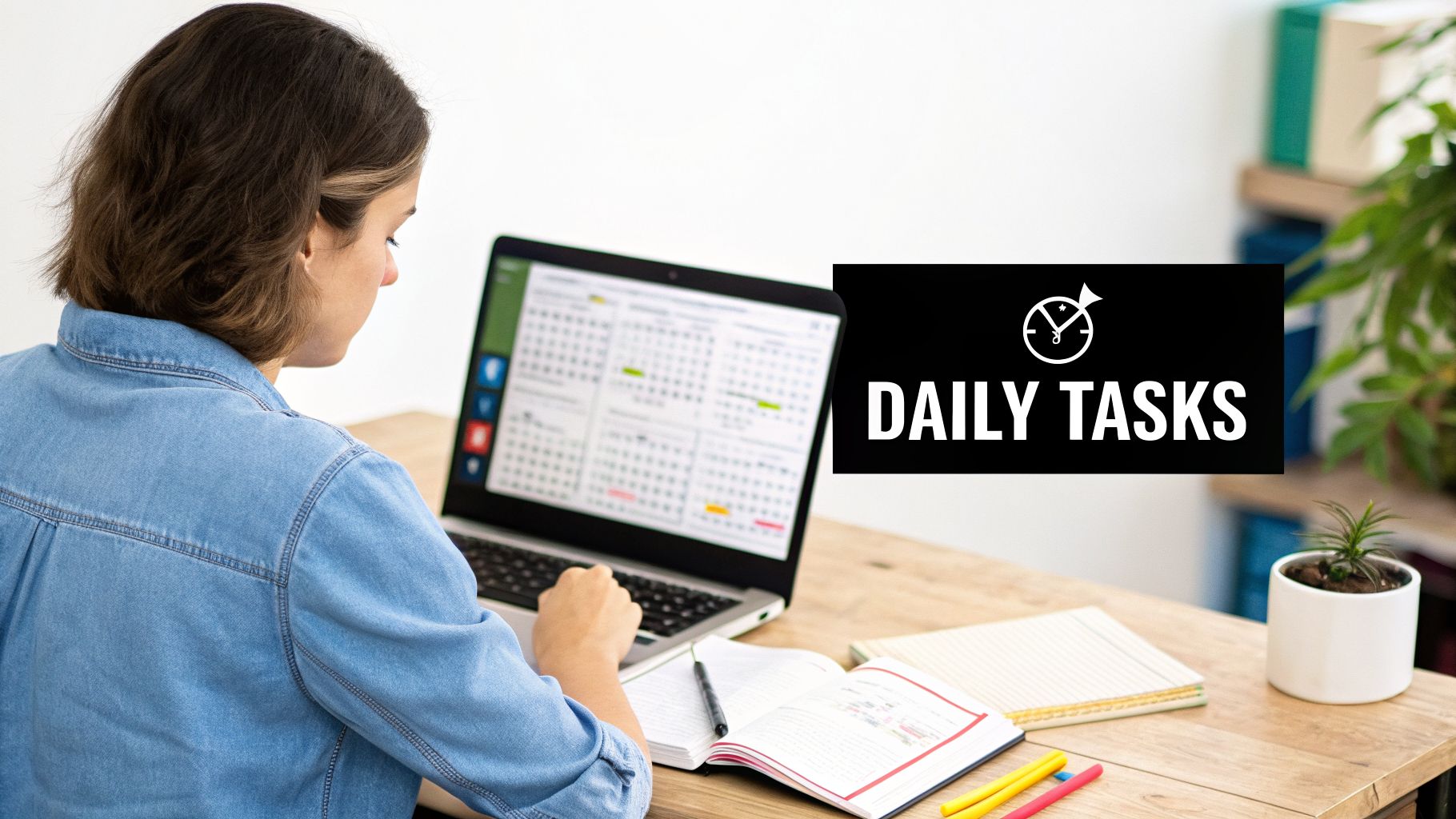 Person working on a laptop, showing a calendar, with an open notebook and 'DAILY TASKS' banner.