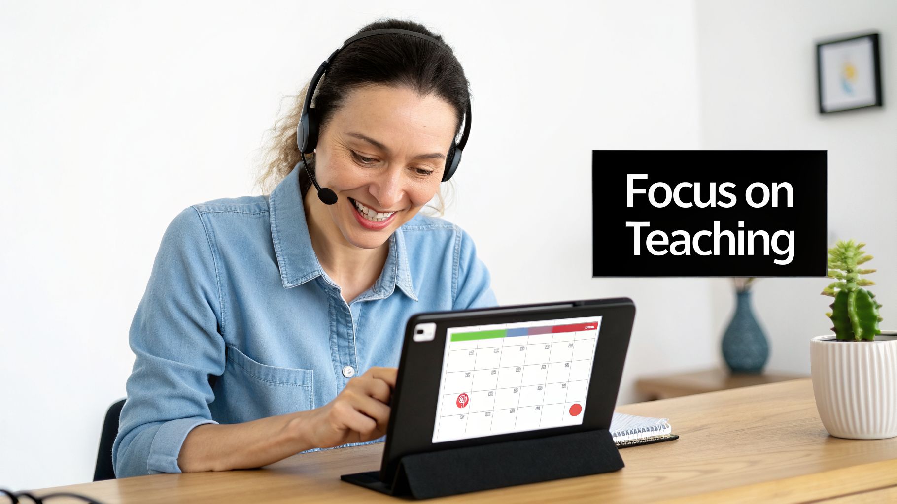 Smiling woman with headset teaches online using a tablet, with 'Focus on Teaching' text visible.
