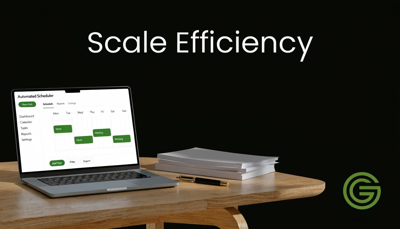 A laptop on a wooden desk displaying an automated scheduler software interface with a clean office background.