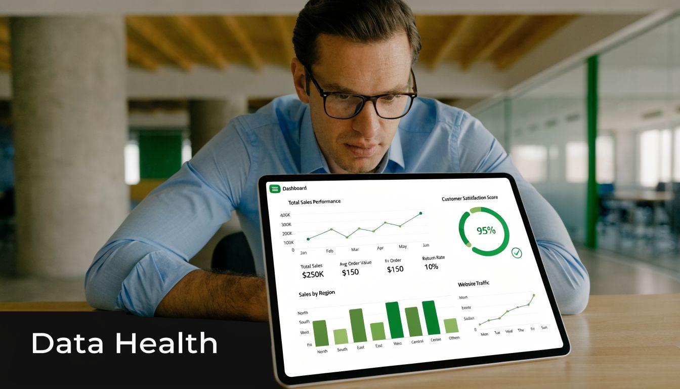 A professional man reviewing business analytics and data visualizations on a digital tablet in an office.