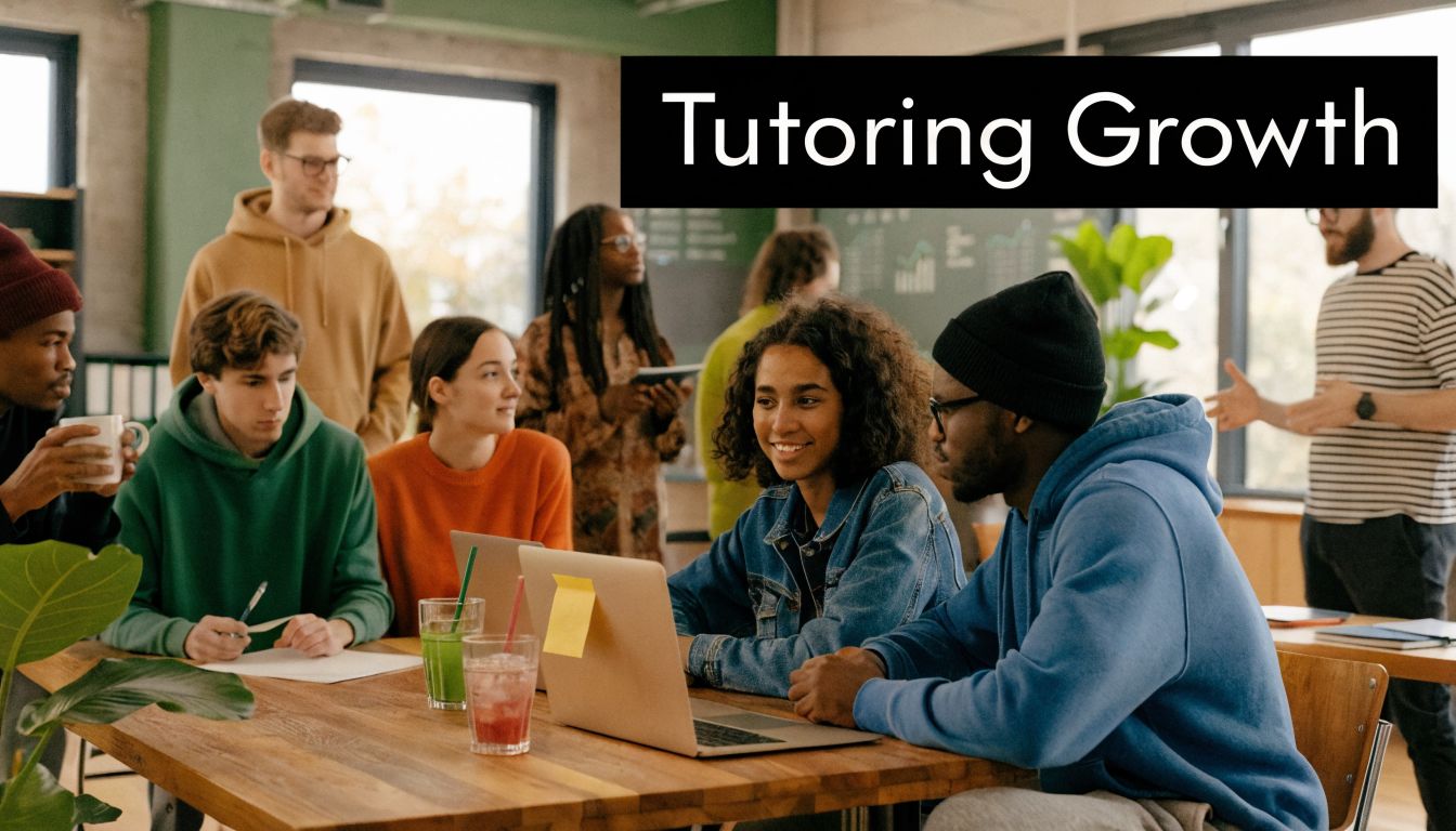 A diverse group of students collaborating and studying together around a wooden table in an office setting.