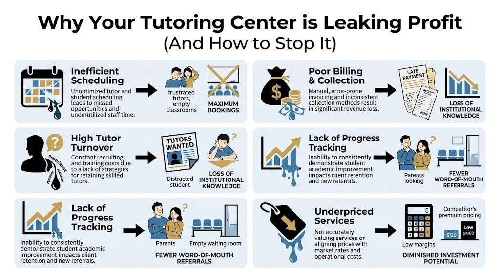 An infographic detailing common business problems that cause tutoring centers to lose potential profit and revenue.