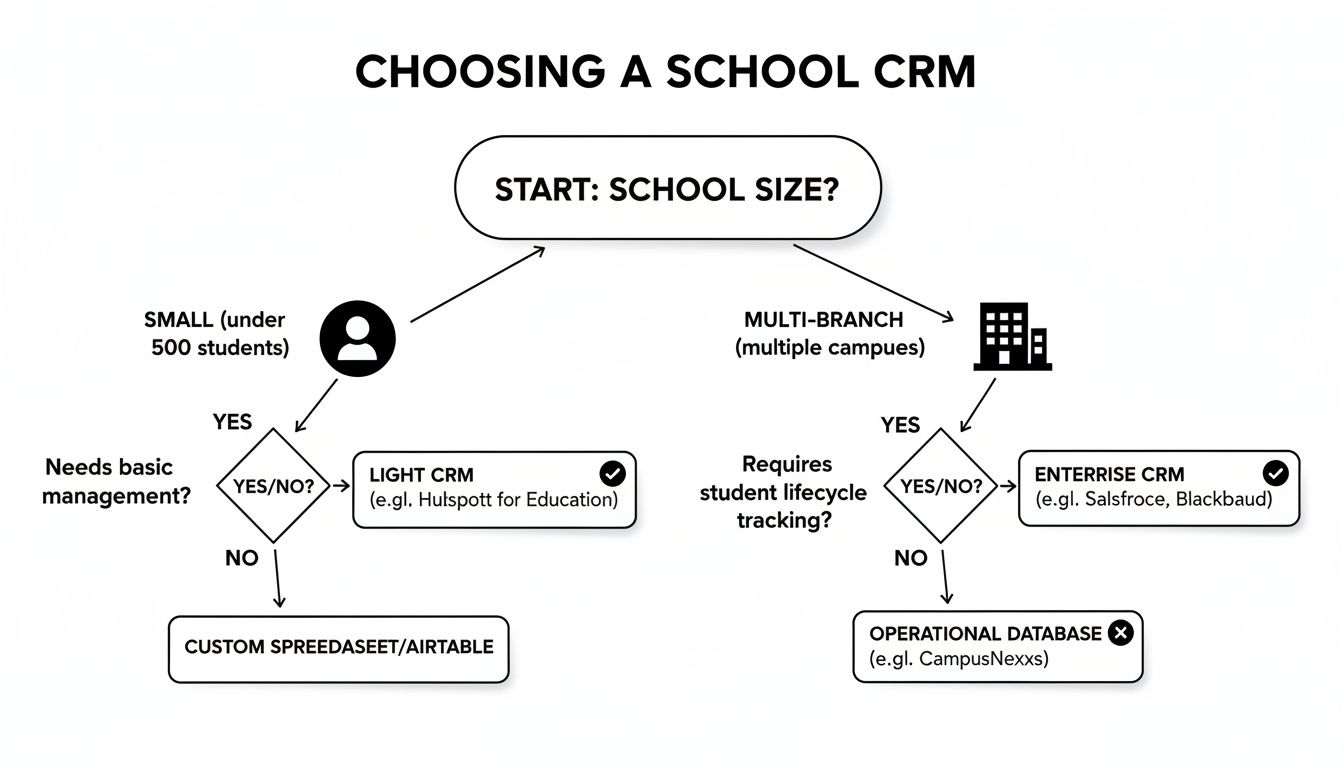 Flowchart showing how to choose a school CRM based on school size and management needs.