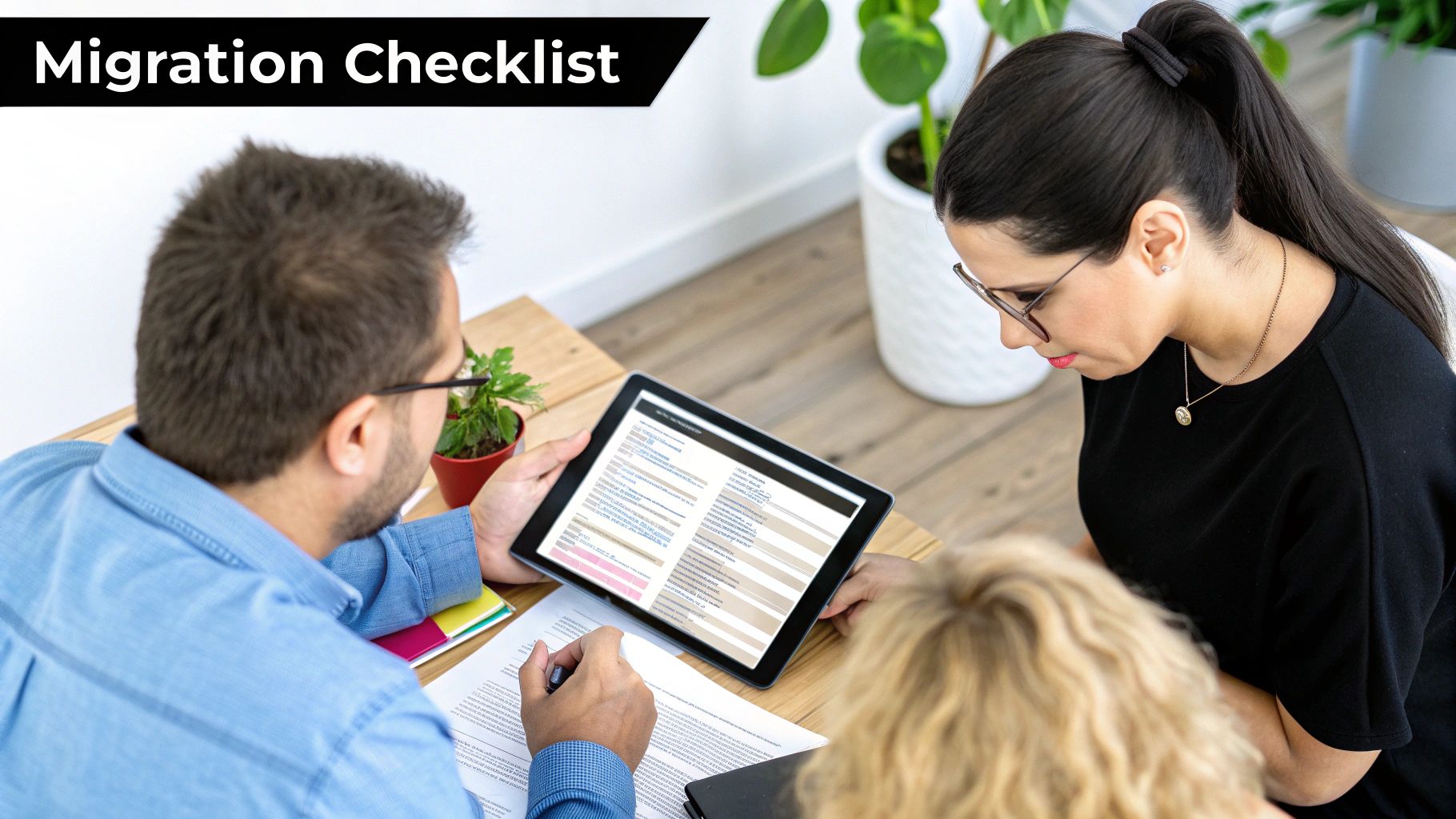 Business colleagues collaborate on a migration checklist, viewing data on a tablet and paper.