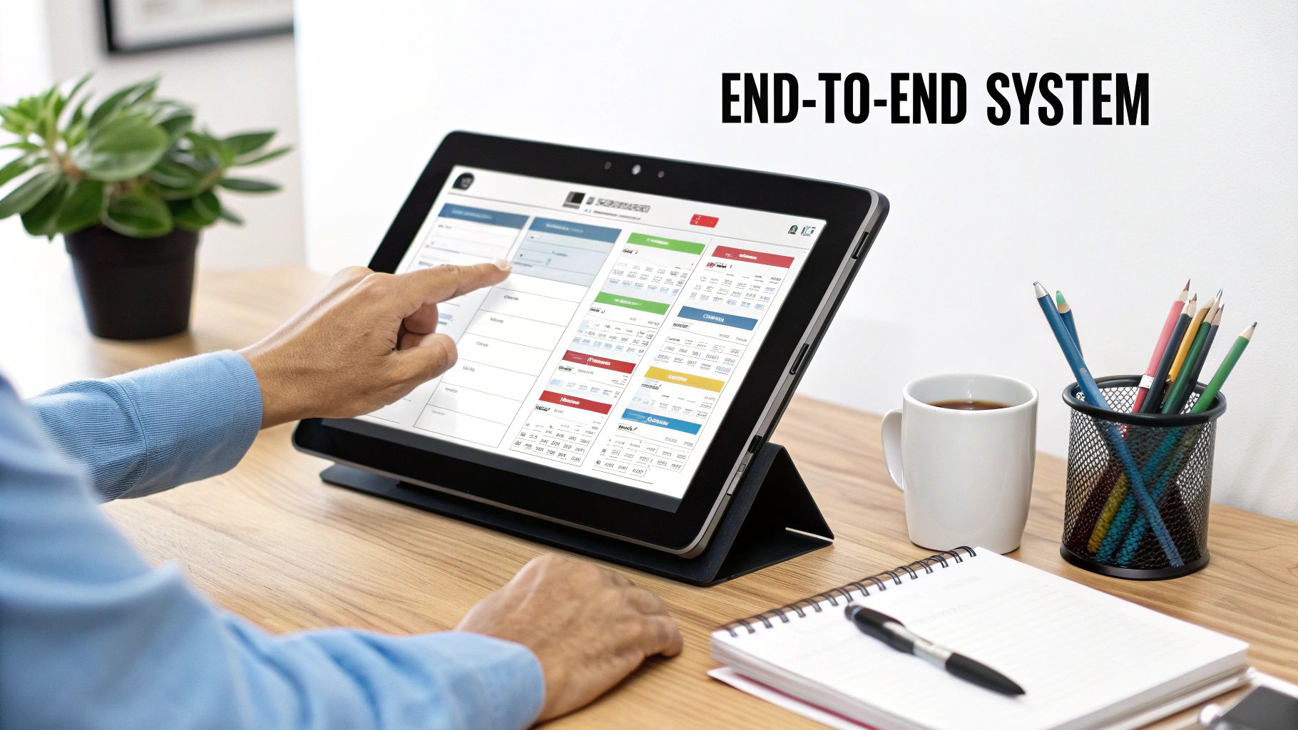 A person's hand interacts with a tablet displaying a business application, illustrating an end-to-end system on a desk with office supplies.