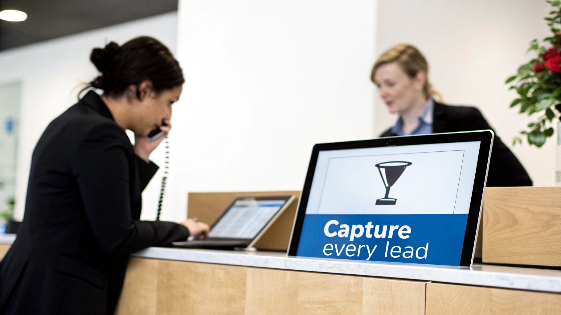 Two women at a reception desk; one on the phone, the other behind a screen showing 'Capture every lead'.