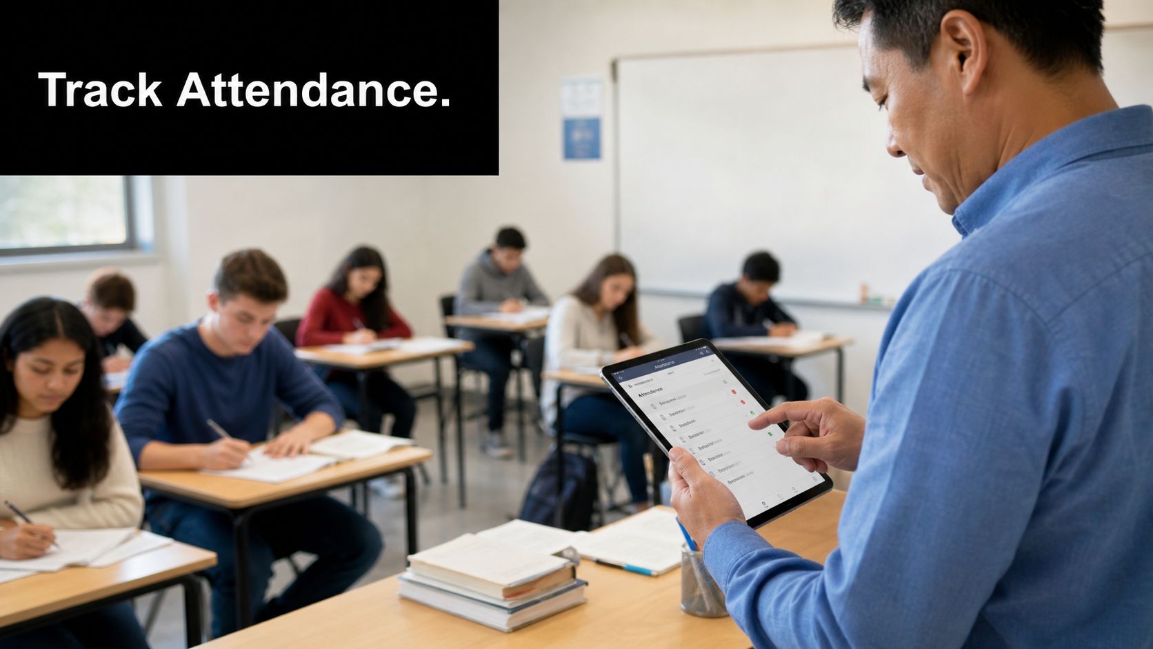 A teacher using a tablet to mark student attendance in a classroom setting.