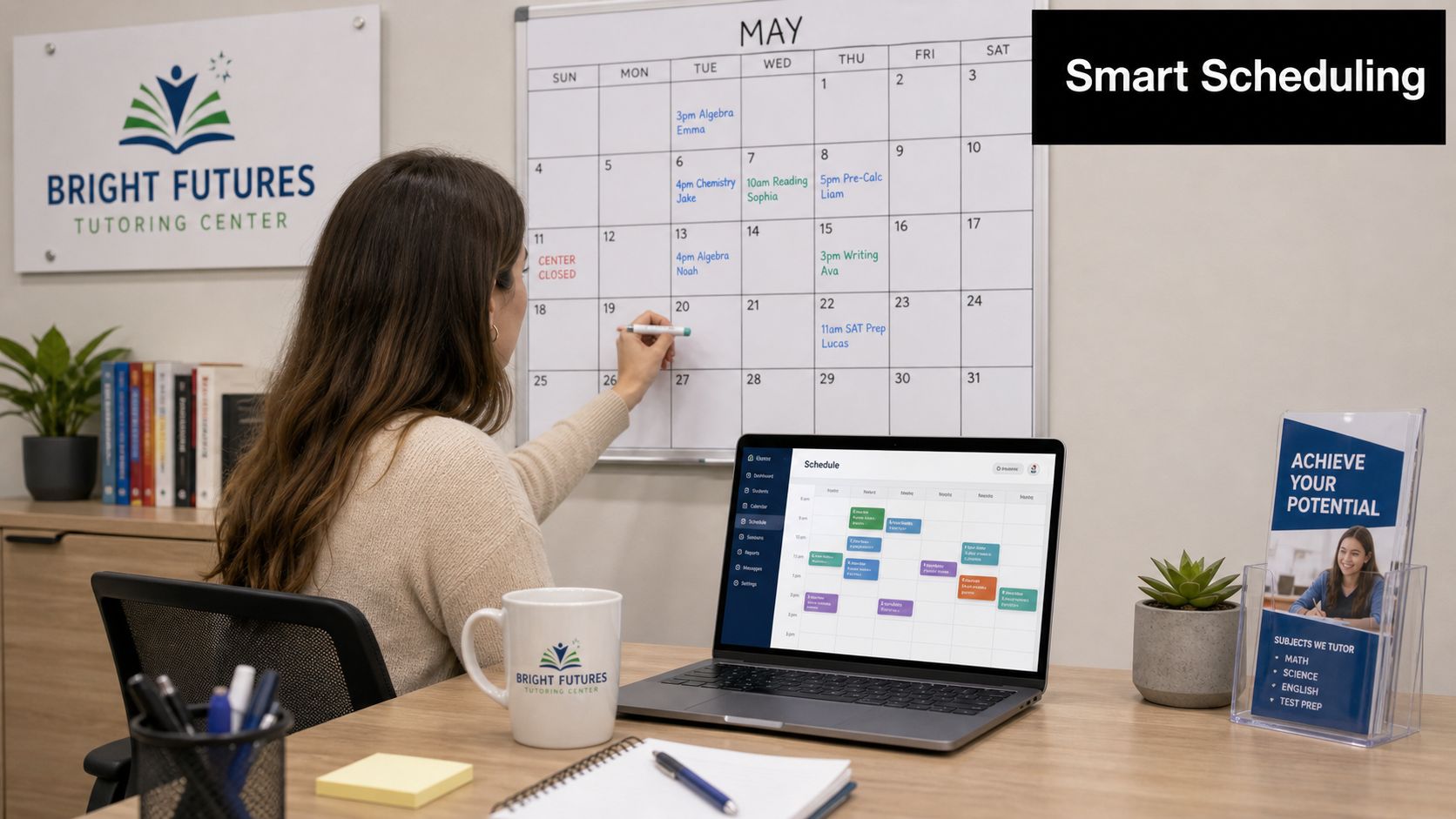 A woman writing on a whiteboard calendar next to a laptop showing a tutoring center schedule.