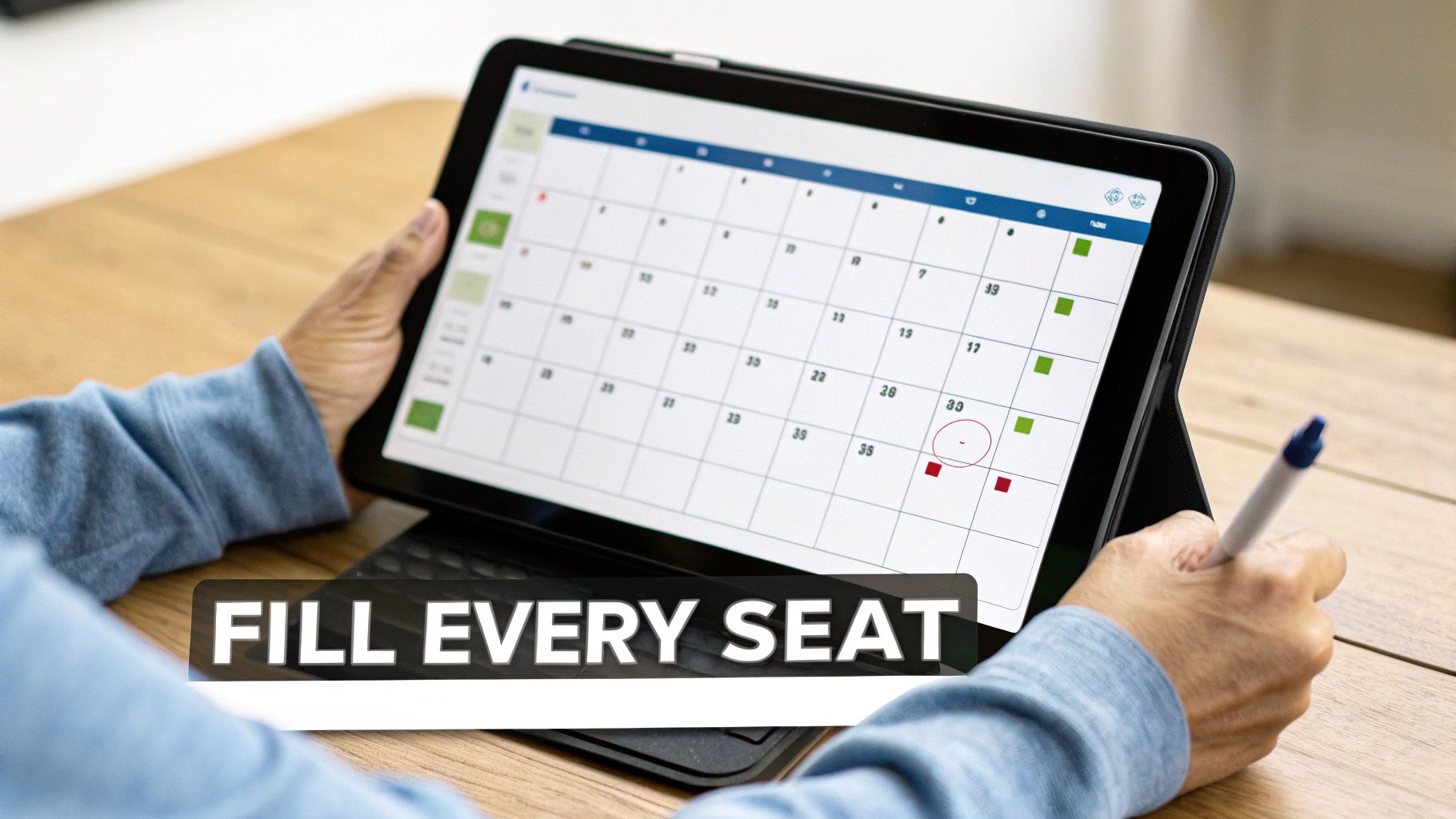 Person planning a schedule on a tablet calendar with green and red marked dates and a pen.