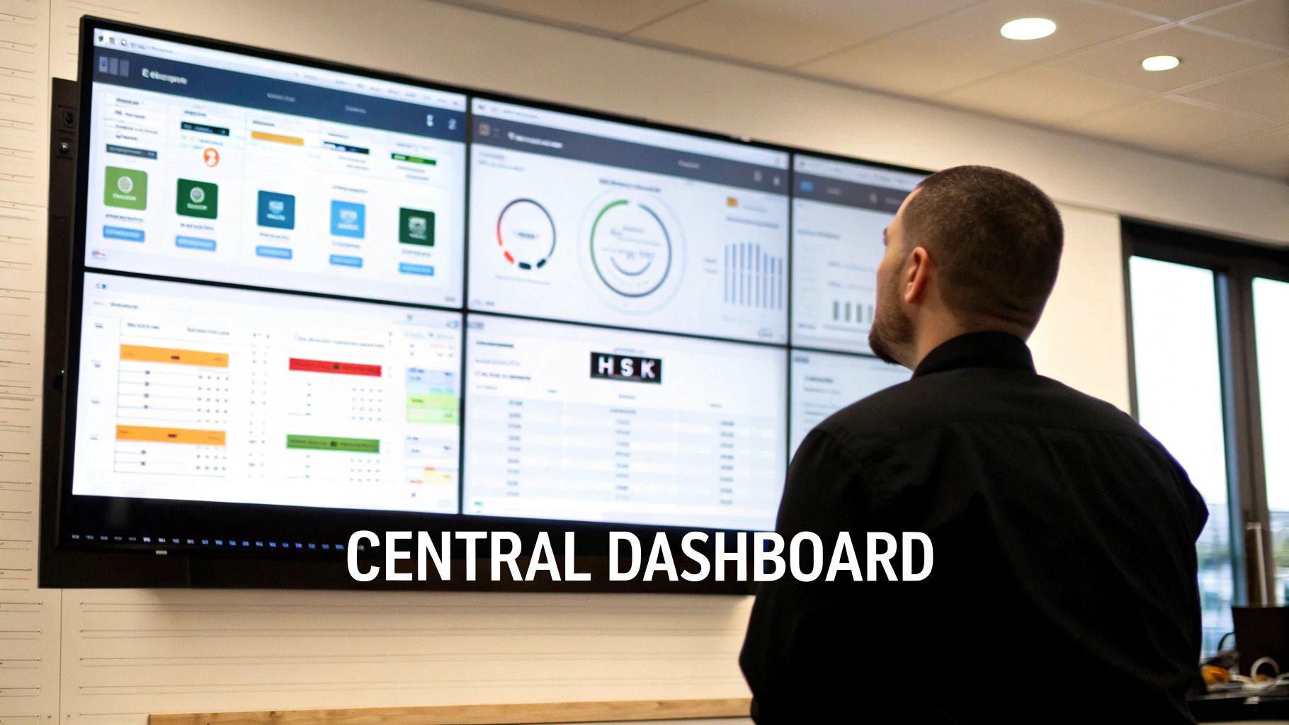 A man views a large central dashboard displaying multiple screens with management software and data visualizations.