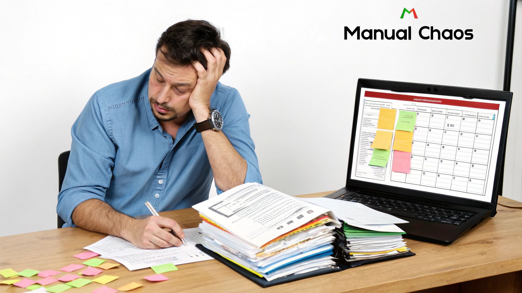 Overwhelmed man at a desk with chaotic paperwork, sticky notes, and a digital planner on his laptop.