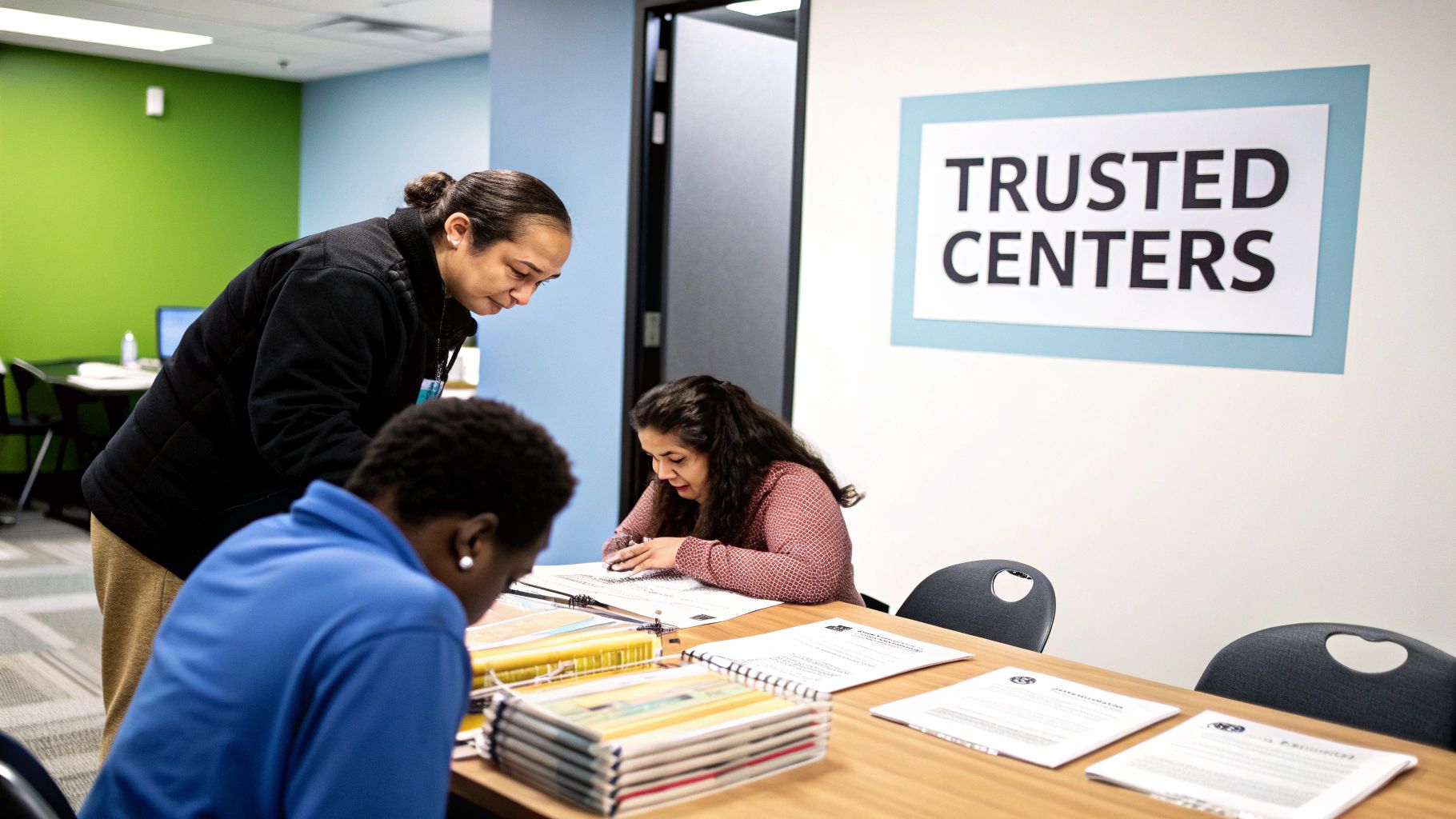 An instructor provides guidance to two women clients reviewing documents at a table in a