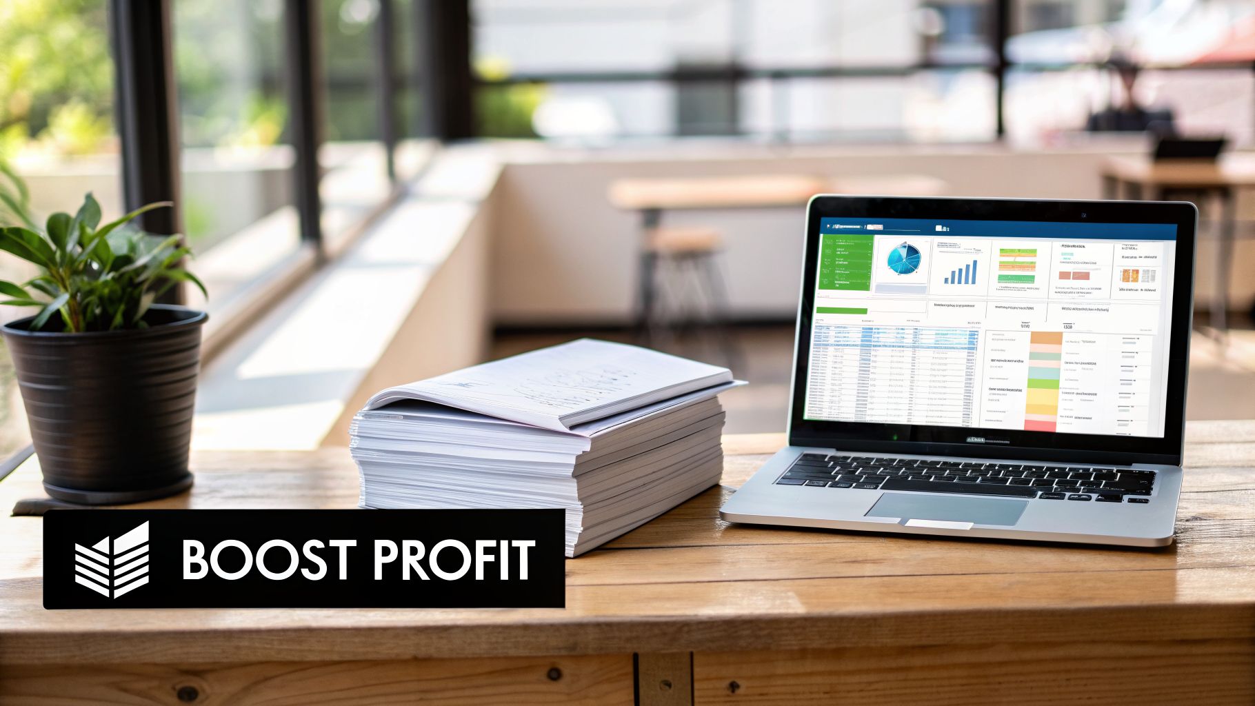 A laptop displaying financial charts, a stack of papers, and a plant on a desk with a 'BOOST PROFIT' sign.