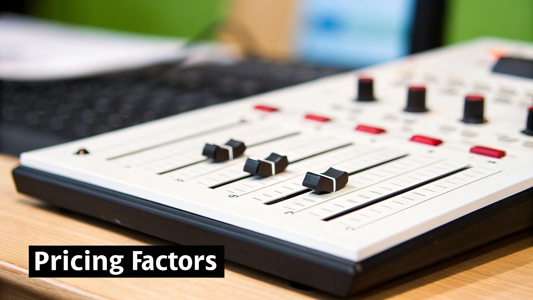 Close-up of a white audio mixer with black faders and red buttons on a wooden desk.