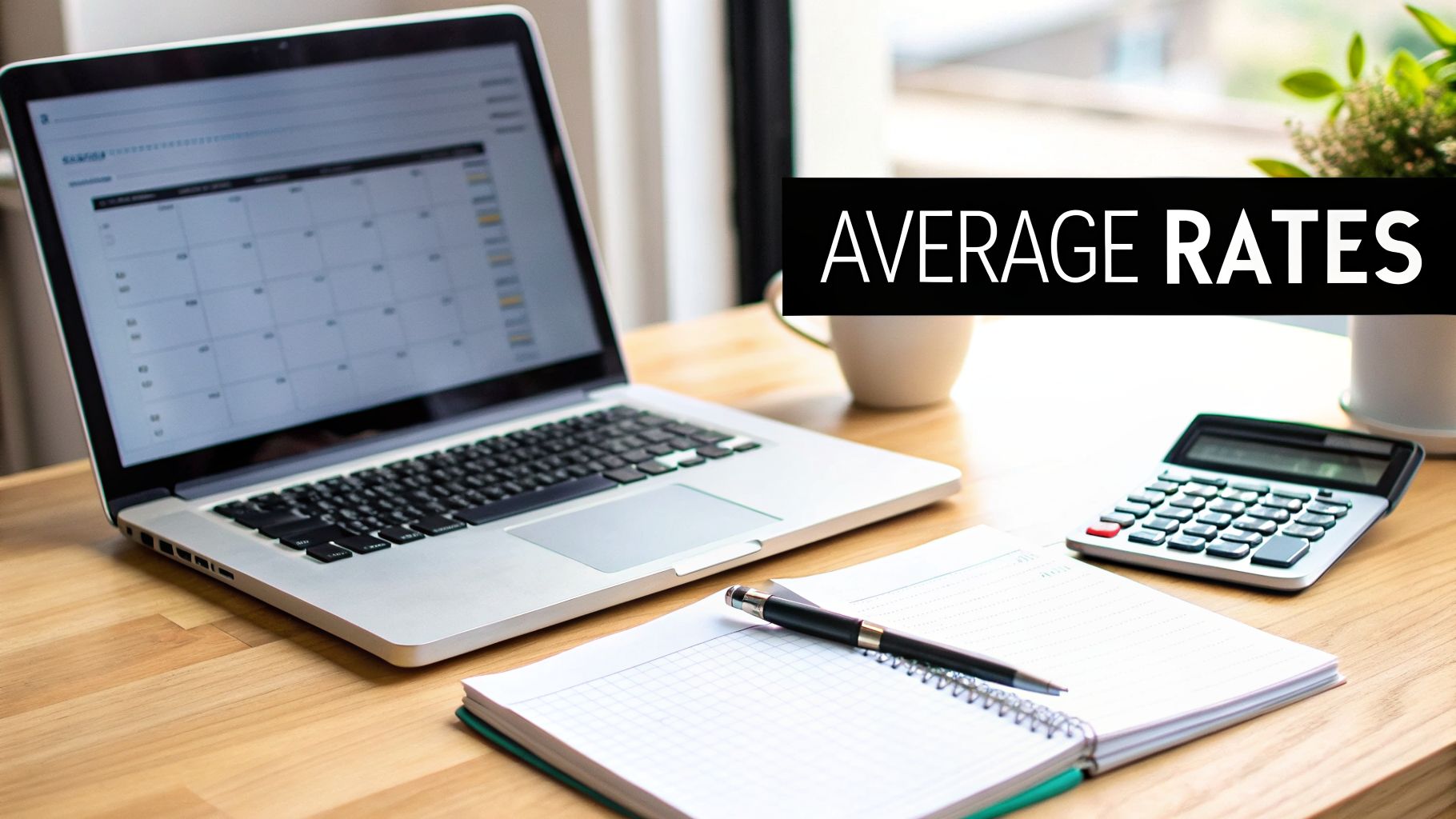 A desk setup with a laptop displaying a calendar, calculator, notebook, pen, and "AVERAGE RATES" banner.