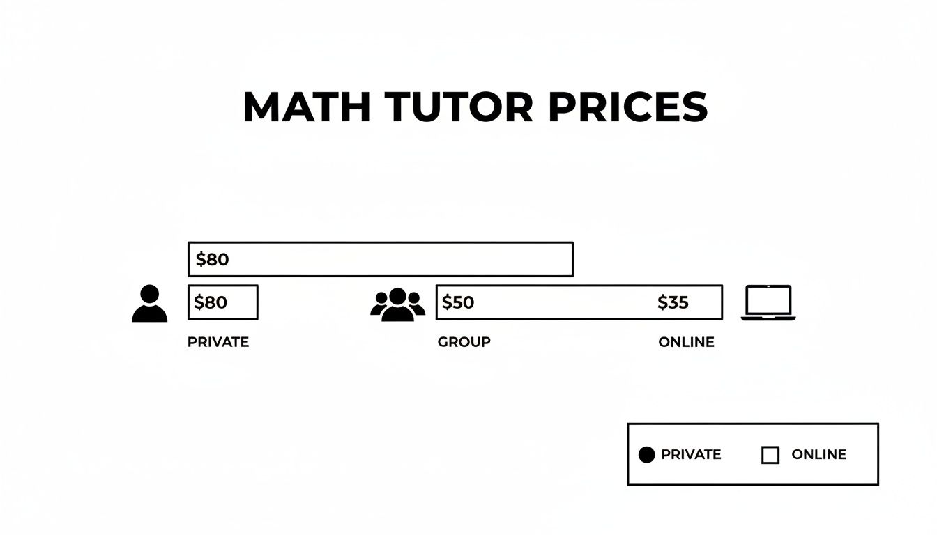 A clear infographic displays math tutor pricing options: $80 for private, $50 for group, and $35 for online sessions.