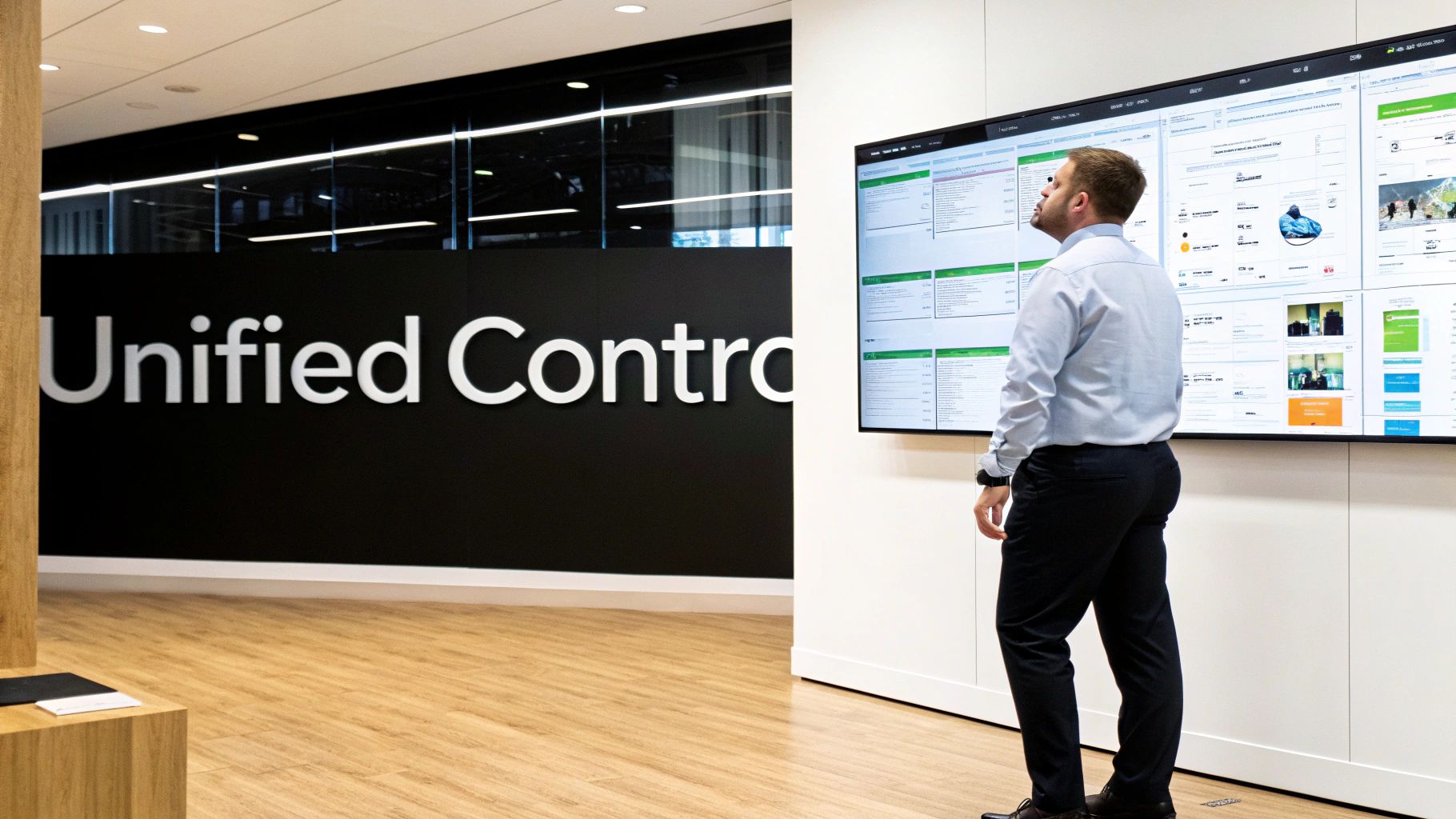 A man in an office looks up at a large multi-screen data display next to a 'Unified Control' sign.