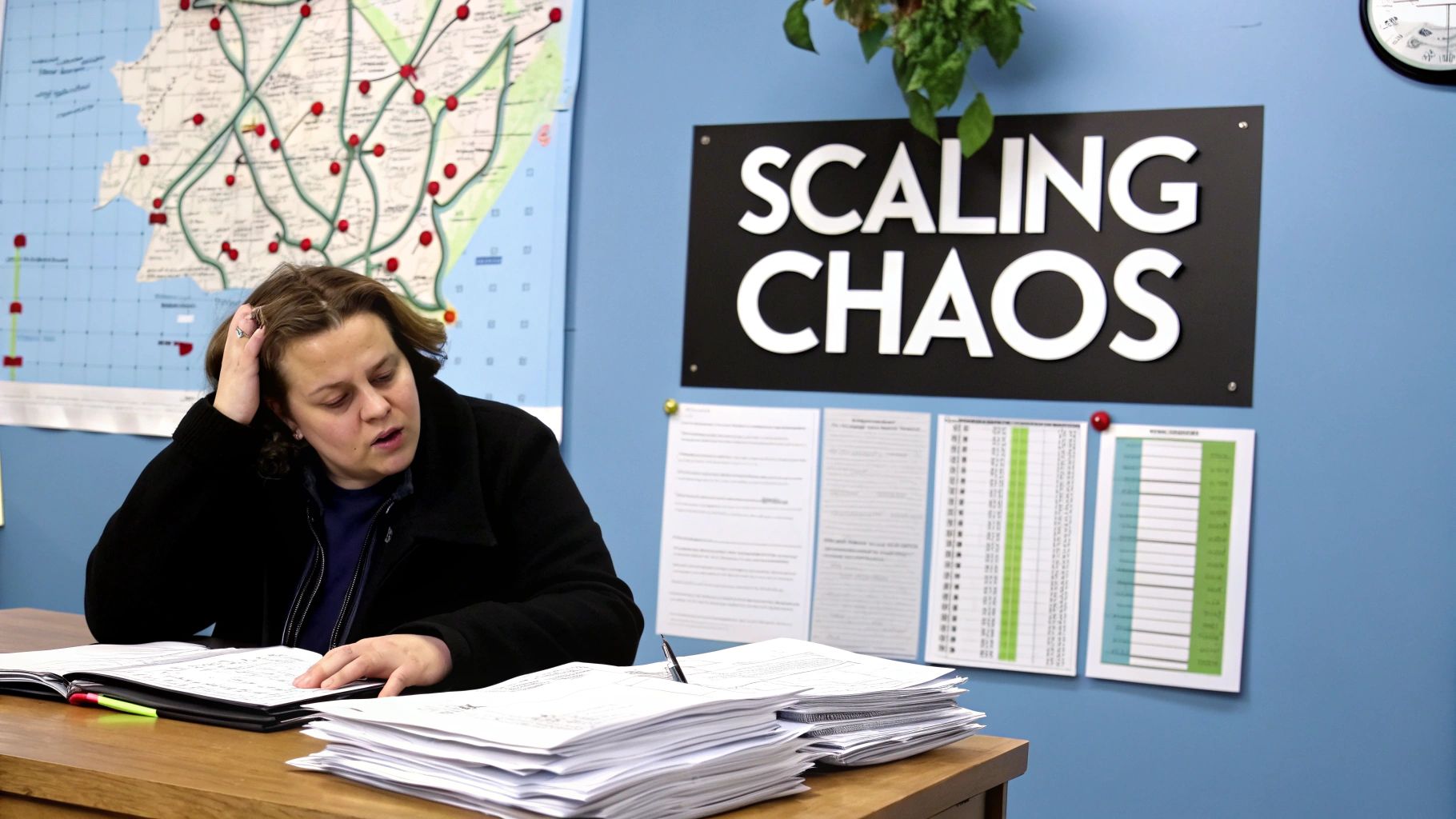 A woman in a black jacket sits at a desk, surrounded by papers, with a map and