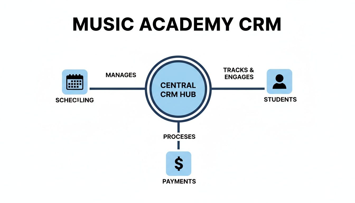 A diagram illustrates a Music Academy CRM system, managing scheduling, student engagement, and processing payments through a central hub.