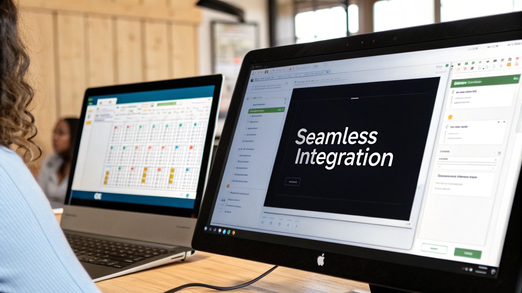 A person works with two screens, displaying online grading software and a 'Seamless Integration' interface.
