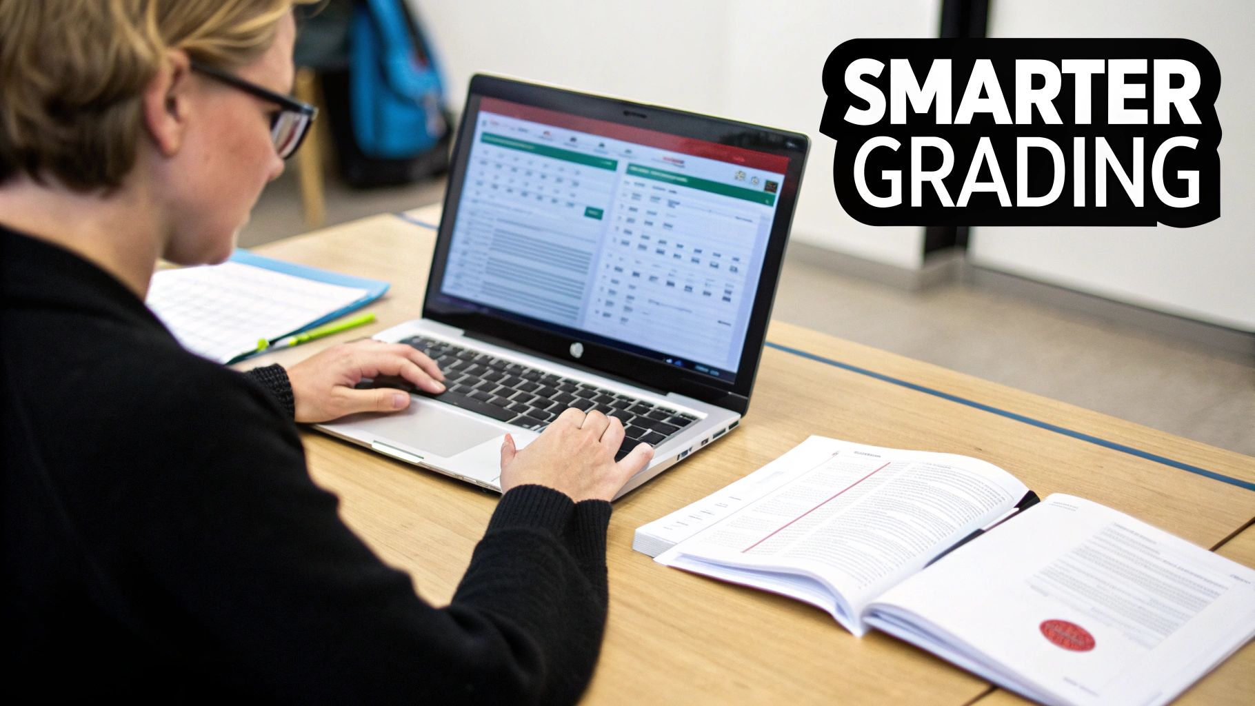 A person with glasses sits at a wooden desk, typing on a laptop, with books and papers, promoting smarter grading.