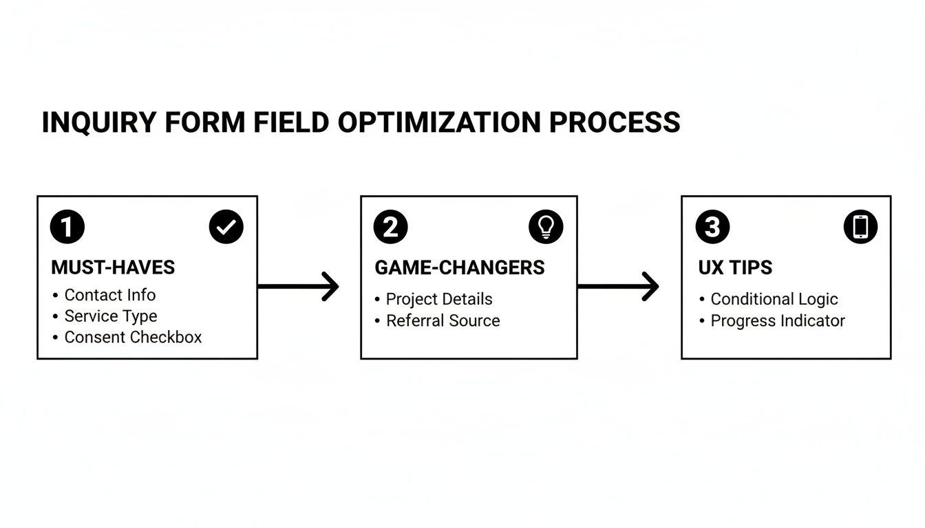 Flowchart detailing an inquiry form field optimization process with must-haves, game-changers, and UX tips.