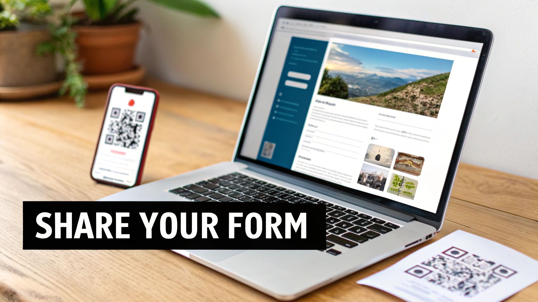 Laptop, smartphone, and printed paper displaying QR codes for sharing an online inquiry form.